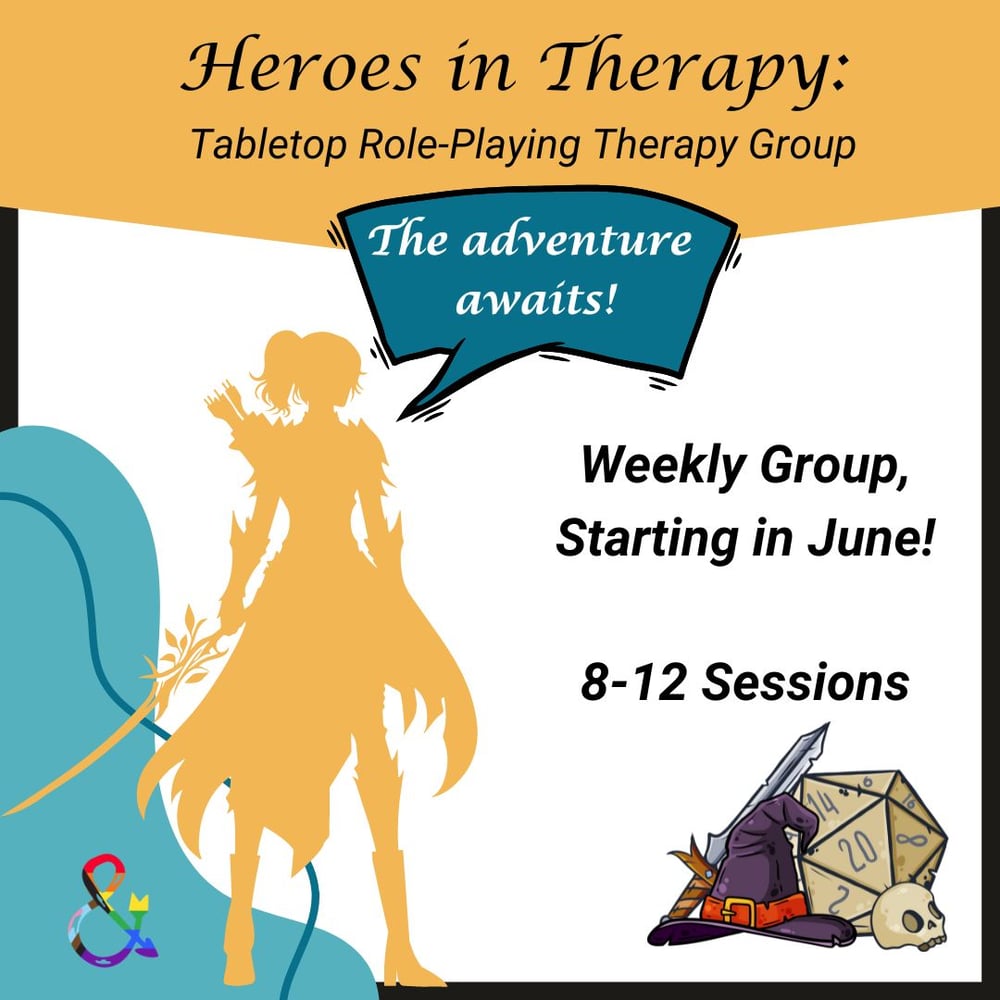 Graphic displaying Adventure therapy group. Yellow warrior with speech bubble 
